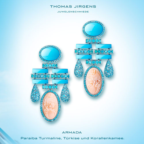 ANAMCARA Chandelier earrings Anam-Cara with cameos of angel skin coral Paraiba tourmalines turquoise 750/000 white-gold-tourmalino-earrings turquoise-earrings white-gold-earrings gold-earrings Paraiba-tourmaline-earrings